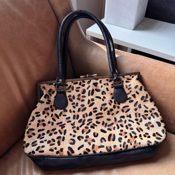 Vintage calf hair Leopard Print animal pony leather bag kisslock David Jeffery - Picture 3 of 15